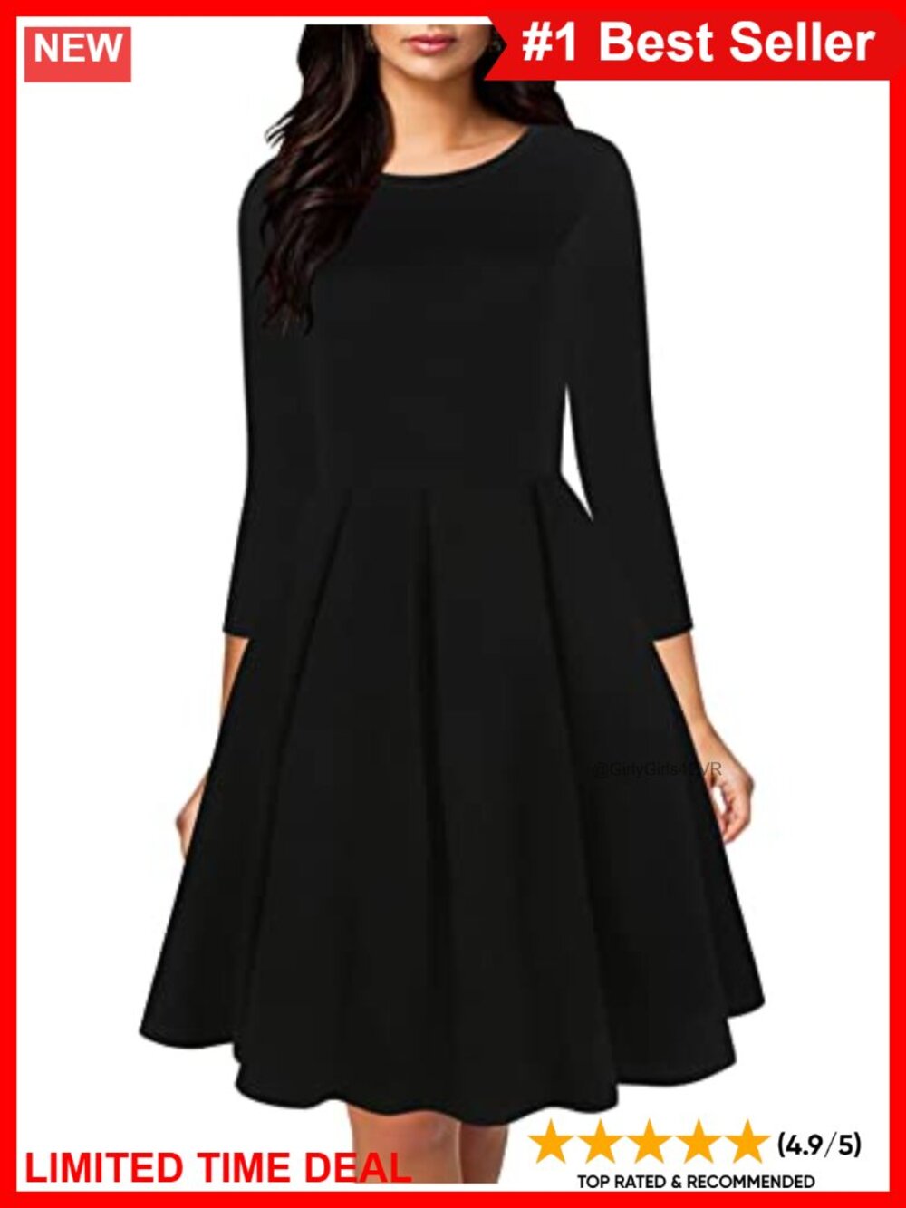 Vintage Half Sleeve O-Neck Contrast Swing Dress with Pockets
